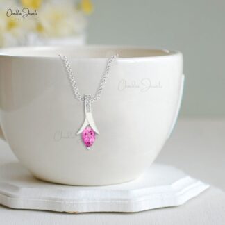 Dainty Diamond Pendant In Real 14k Gold Pink Sapphire 6x4mm Gemstone Drop Necklace