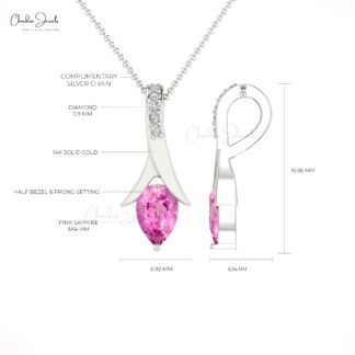 Dainty Diamond Pendant In Real 14k Gold Pink Sapphire 6x4mm Gemstone Drop Necklace