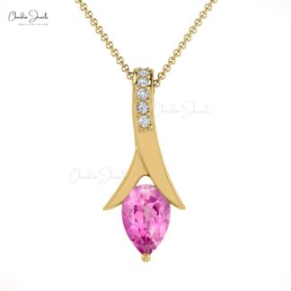 Dainty Diamond Pendant In Real 14k Gold Pink Sapphire 6x4mm Gemstone Drop Necklace