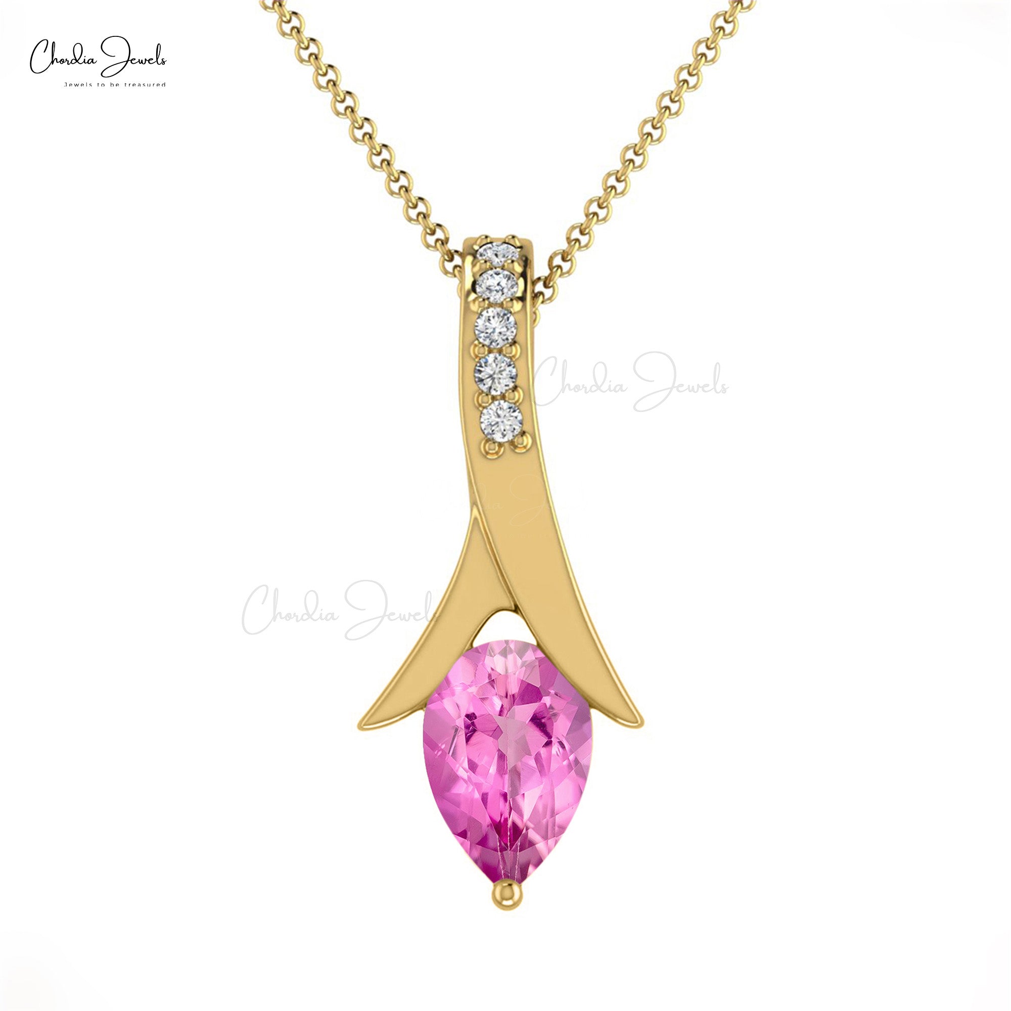 Dainty Diamond Pendant In Real 14k Gold Pink Sapphire 6x4mm Gemstone Drop Necklace