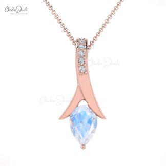 Two Birthstone Drop Pendant In Pear Moonstone And Diamond Accents In 14k Solid Gold Jewelry