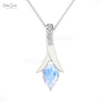 Two Birthstone Drop Pendant In Pear Moonstone And Diamond Accents In 14k Solid Gold Jewelry