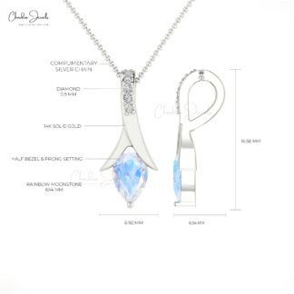 Two Birthstone Drop Pendant In Pear Moonstone And Diamond Accents In 14k Solid Gold Jewelry