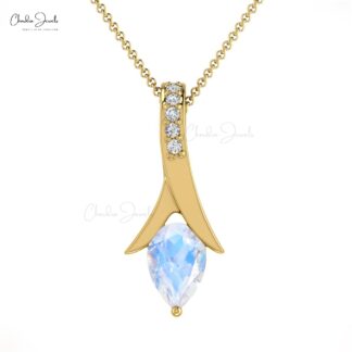 Two Birthstone Drop Pendant In Pear Moonstone And Diamond Accents In 14k Solid Gold Jewelry