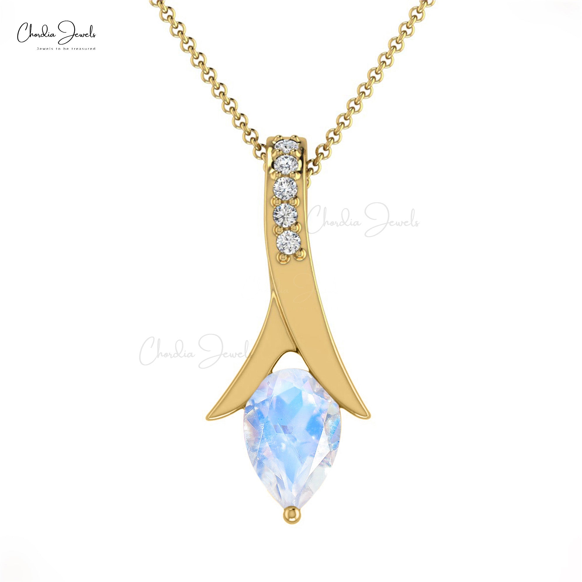 Two Birthstone Drop Pendant In Pear Moonstone And Diamond Accents In 14k Solid Gold Jewelry