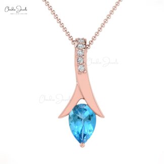 Tear Drop Wedding Pendant In 14k Real Gold Swiss Blue Topaz & Diamond Necklace For Her