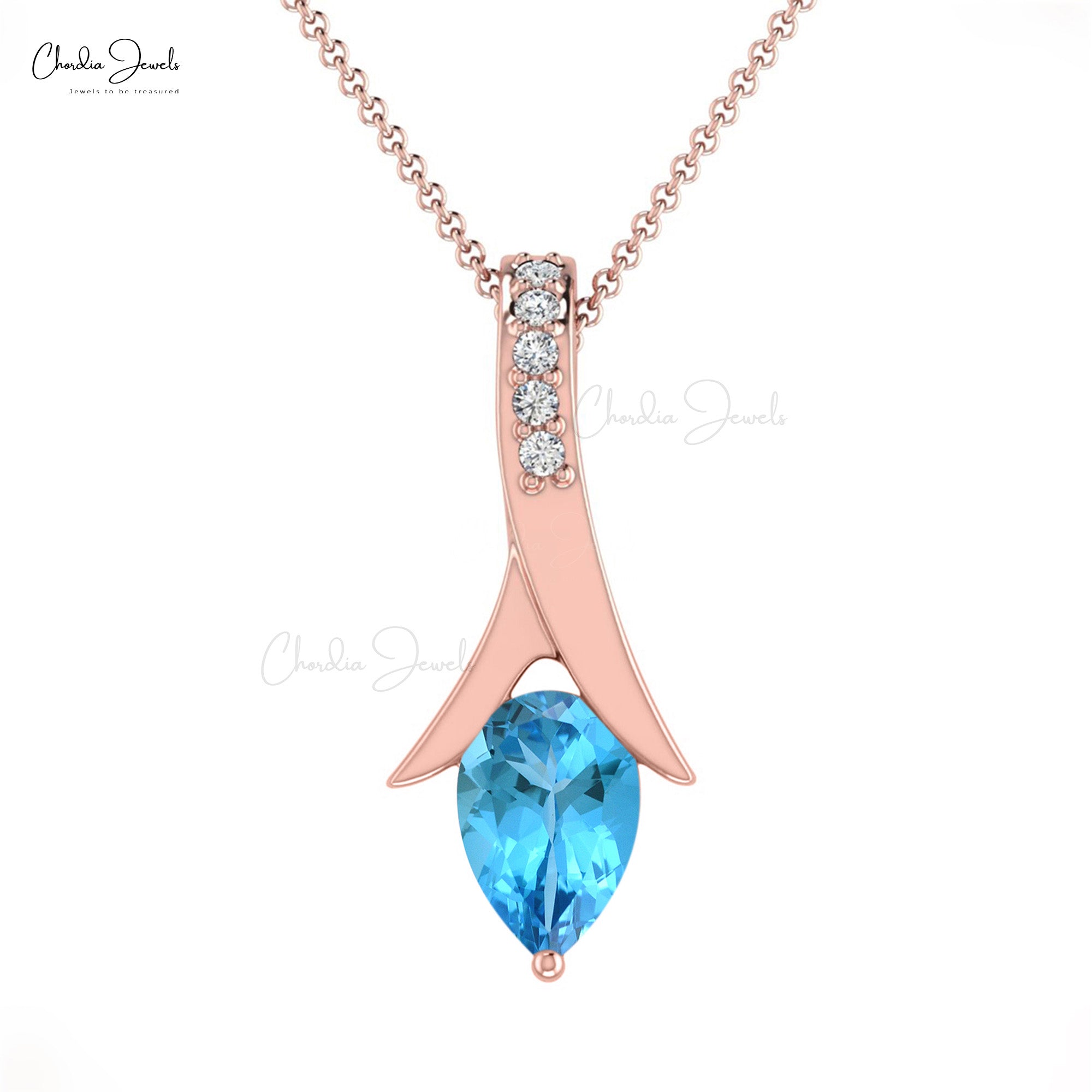 Tear Drop Wedding Pendant In 14k Real Gold Swiss Blue Topaz & Diamond Necklace For Her