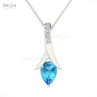 Tear Drop Wedding Pendant In 14k Real Gold Swiss Blue Topaz & Diamond Necklace For Her