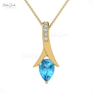 Tear Drop Wedding Pendant In 14k Real Gold Swiss Blue Topaz & Diamond Necklace For Her