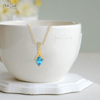 Tear Drop Wedding Pendant In 14k Real Gold Swiss Blue Topaz & Diamond Necklace For Her
