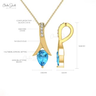 Tear Drop Wedding Pendant In 14k Real Gold Swiss Blue Topaz & Diamond Necklace For Her
