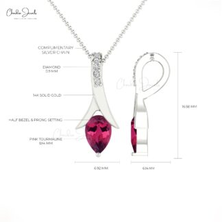 Tear Drop Women Pendant in 14k Real Gold Pink Tourmaline 0.35 Ct Gemstone Diamond Jewelry