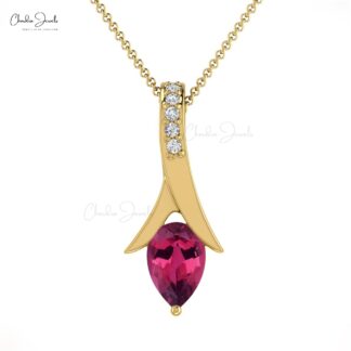 Tear Drop Women Pendant in 14k Real Gold Pink Tourmaline 0.35 Ct Gemstone Diamond Jewelry