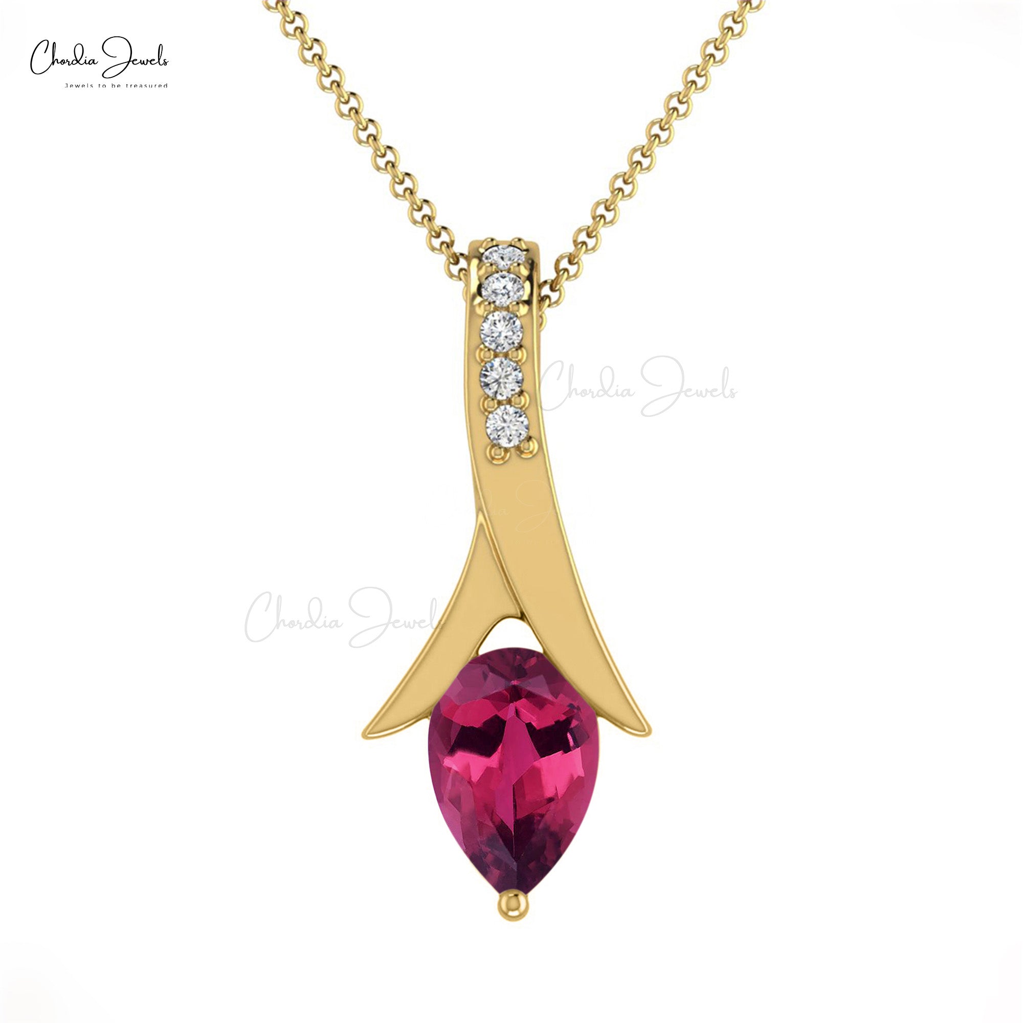 Tear Drop Women Pendant in 14k Real Gold Pink Tourmaline 0.35 Ct Gemstone Diamond Jewelry