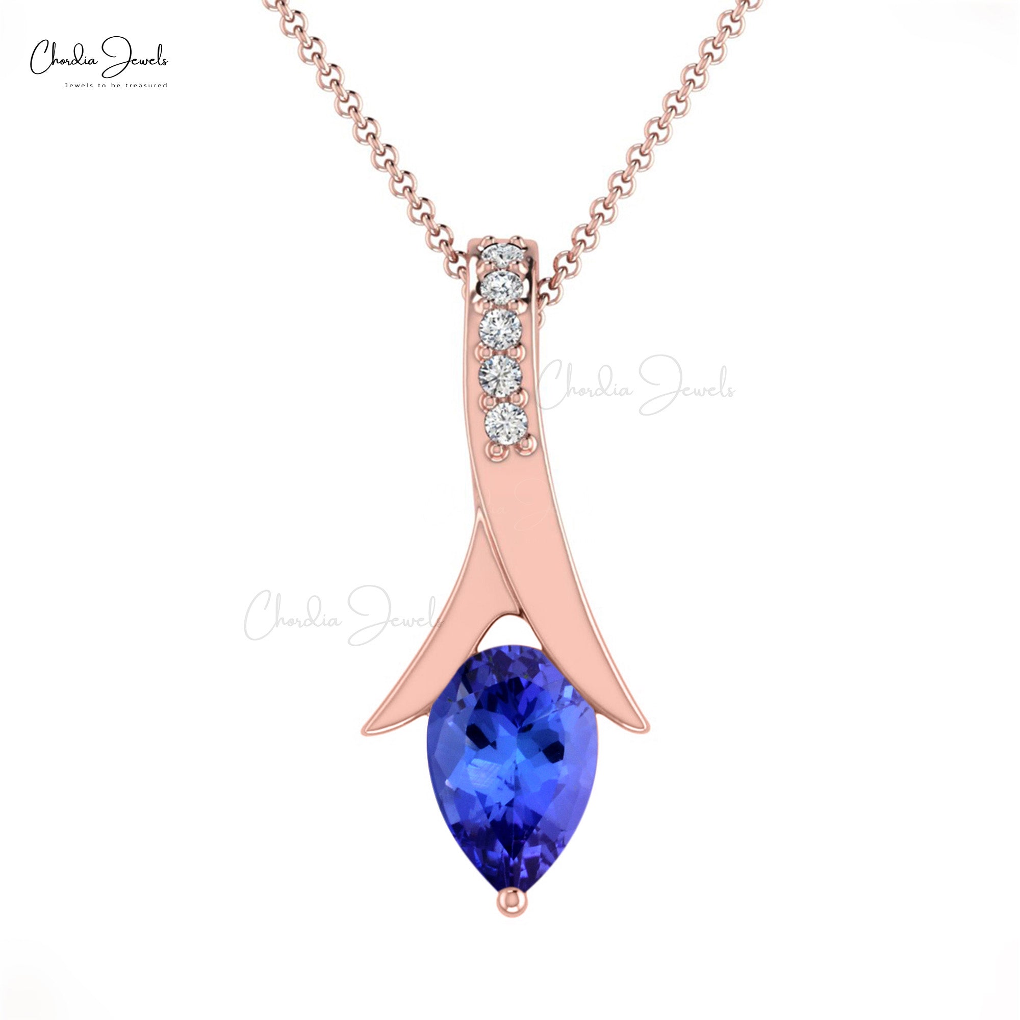 Tear Drop Women Pendant In Solid 14k Gold Tanzanite And Diamond Handmade Necklace