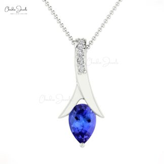 Tear Drop Women Pendant In Solid 14k Gold Tanzanite And Diamond Handmade Necklace