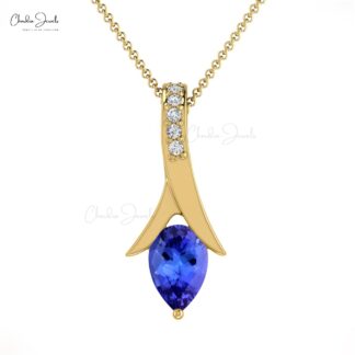 Tear Drop Women Pendant In Solid 14k Gold Tanzanite And Diamond Handmade Necklace
