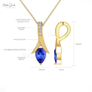Tear Drop Women Pendant In Solid 14k Gold Tanzanite And Diamond Handmade Necklace