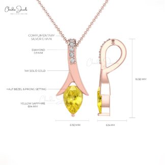 Delicate Yellow Sapphire Drop Pendant With G-H Diamond Accents In 14k Real Gold Jewelry