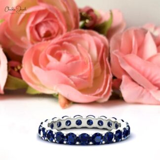 Round Cut Eternity Band With 2.5mm Blue Sapphire 14k Solid Gold Handmade Ring
