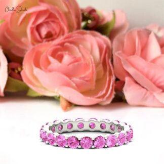 Natural Pink Sapphire Eternity Wedding Band Ring for Her