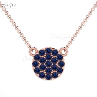 Round Disc Women Necklace In Pure 14k Gold Blue Sapphire 0.19 Ct Gemstone Fine Necklaces