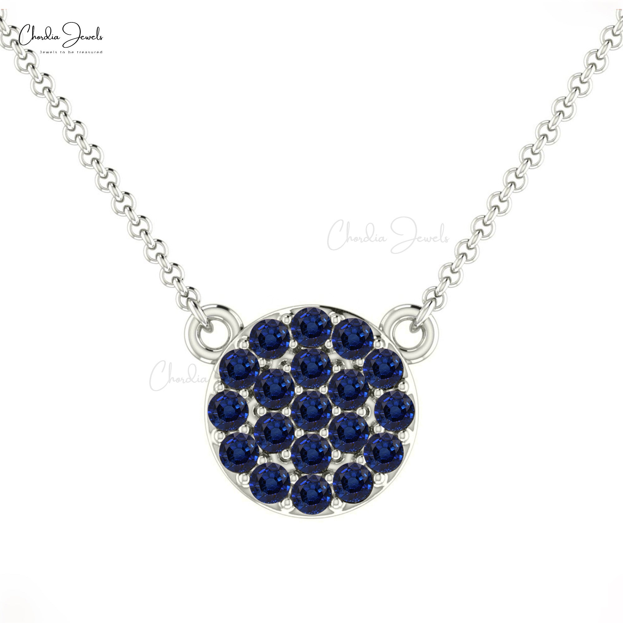 Round Disc Women Necklace In Pure 14k Gold Blue Sapphire 0.19 Ct Gemstone Fine Necklaces