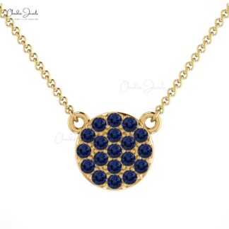 Round Disc Women Necklace In Pure 14k Gold Blue Sapphire 0.19 Ct Gemstone Fine Necklaces