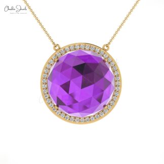 Halo Diamond Chain Necklace In 14k Solid Gold Amethyst February Birthstone Jewelry