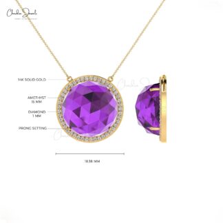 Halo Diamond Chain Necklace In 14k Solid Gold Amethyst February Birthstone Jewelry