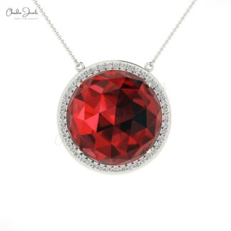 Gemstone Wedding Necklace With 15mm Red Garnet And Diamond Halo 14k Gold Chain Necklace