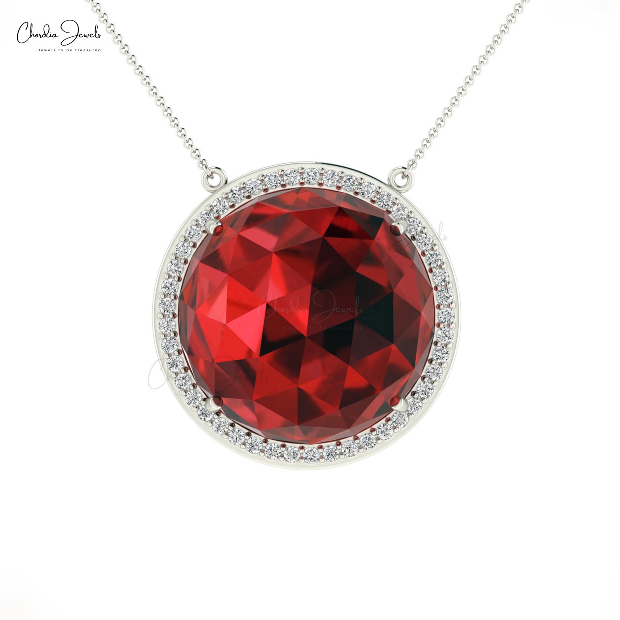 Gemstone Wedding Necklace With 15mm Red Garnet And Diamond Halo 14k Gold Chain Necklace