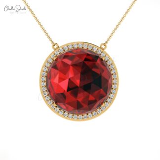 Gemstone Wedding Necklace With 15mm Red Garnet And Diamond Halo 14k Gold Chain Necklace