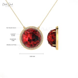 Gemstone Wedding Necklace With 15mm Red Garnet And Diamond Halo 14k Gold Chain Necklace