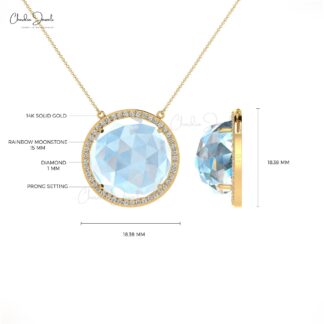 Solitaire Moonstone Halo Necklace With 1mm Diamond Accents In 14k Pure Gold Necklaces