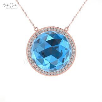 Halo Round Cut Chain Necklace In Solid 14k Gold Swiss Blue Topaz Statement Necklace