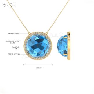 Halo Round Cut Chain Necklace In Solid 14k Gold Swiss Blue Topaz Statement Necklace