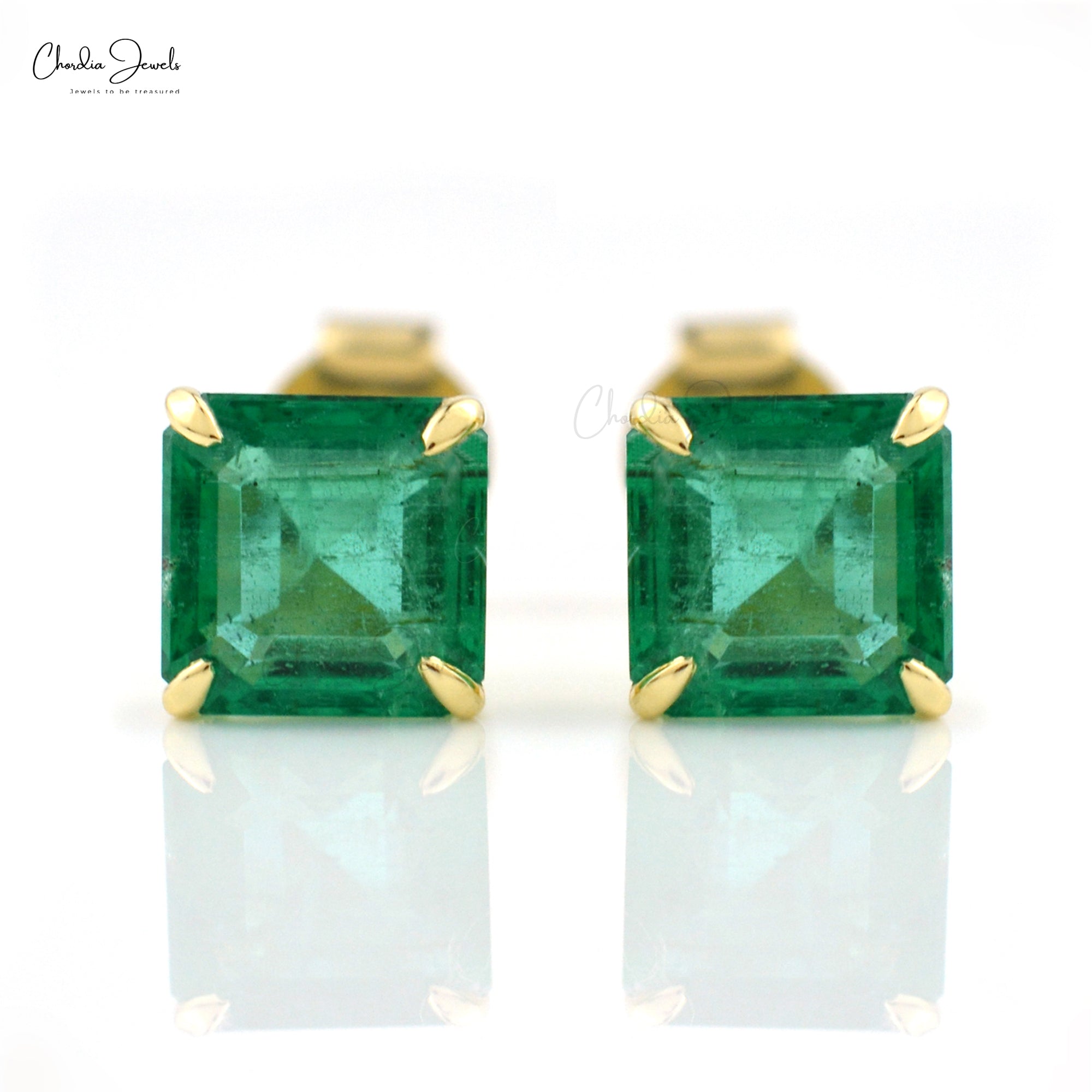 Square Solitaire Earrings In Real 14k Yellow Gold Emerald 6.5mm Gemstone Studs For Her