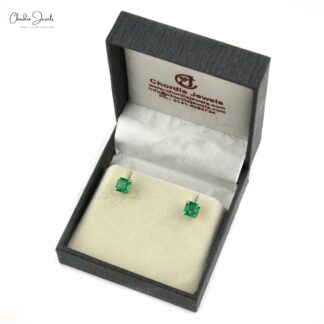 Square Solitaire Earrings In Real 14k Yellow Gold Emerald 6.5mm Gemstone Studs For Her