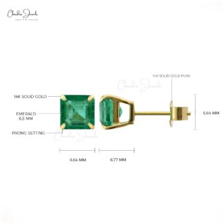 Square Solitaire Earrings In Real 14k Yellow Gold Emerald 6.5mm Gemstone Studs For Her