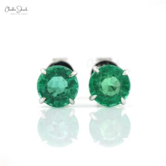 Single Gemstone Studs With 2.10 Ct Zambian Emerald Solitaire Earrings In 14k White Gold
