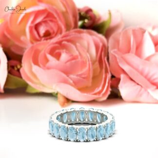 Natural Aquamarine Gemstone Eternity Ring in 14k White Gold Band Anniversary Gift