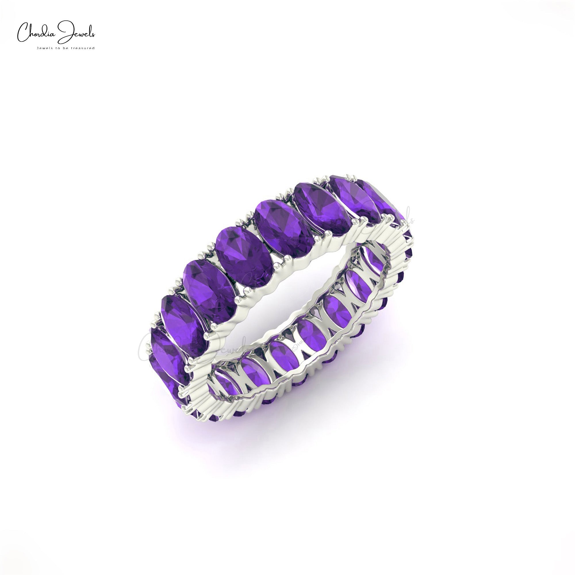 Natural 5x3mm Amethyst Gemstone Eternity Band 14k Solid Gold Minimalist Wedding Ring
