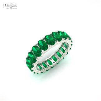 Prong Set Full Eternity Band 5x3mm Oval Green Emerald Engagement Ring For Her