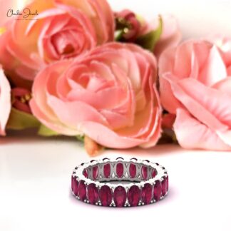 Eternity Engagement Band In 14k Pure Gold Burma Ruby 5x3mm Gemstone Proposal Ring