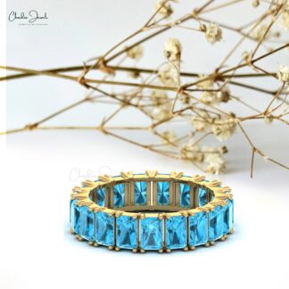 Solid 14k Gold Stackable Band With 7.20 Ct Swiss Blue Topaz Eternity Wedding Ring