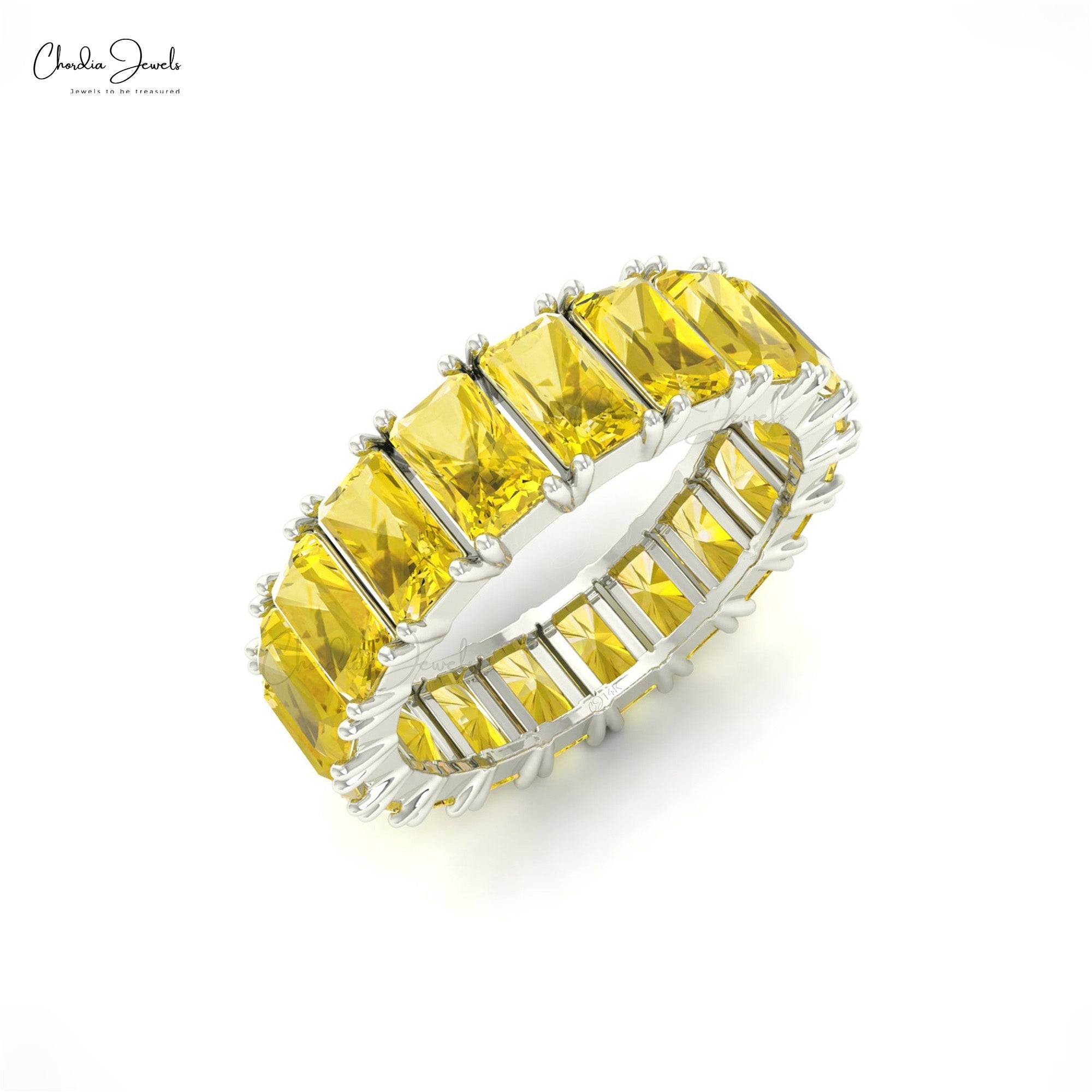 Gemstone Eternity Band With 7.60 Ct Yellow Sapphire Prong Set In 14k Real Gold Rings