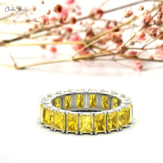Gemstone Eternity Band With 7.60 Ct Yellow Sapphire Prong Set In 14k Real Gold Rings