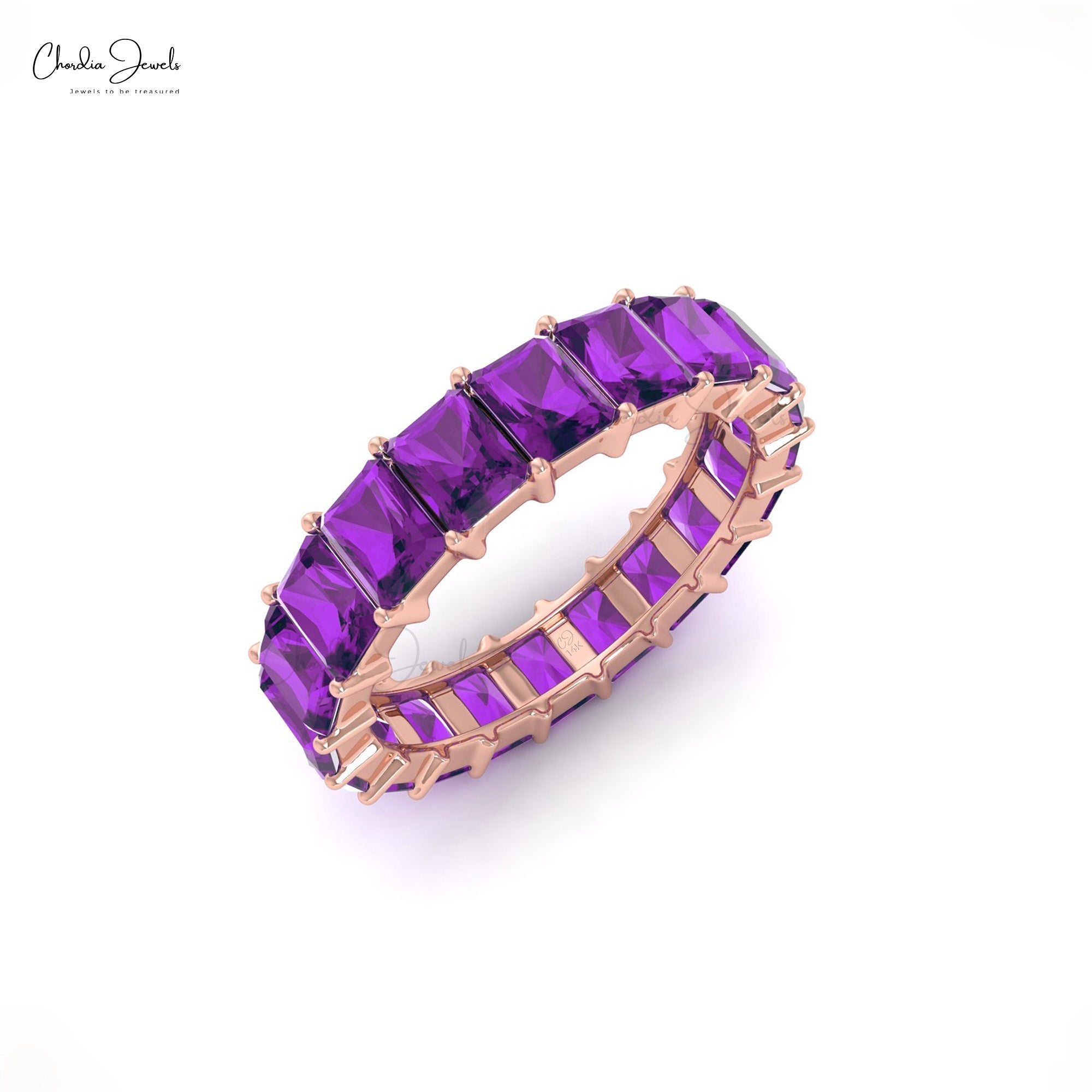 Genuine Amethyst Eternity Ring in 14k Solid Gold 4x3mm Octagon Cut Gemstone Jewelry For Women