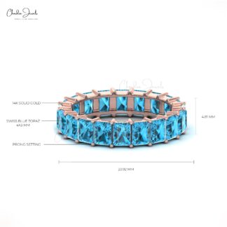 Octagon Cut Eternity Ring With 4x3mm Swiss Blue Topaz Wedding Band In 14k Real Gold